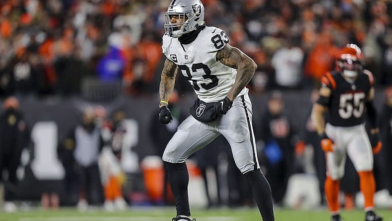 Jan 15, 2022; Cincinnati, Ohio, USA; Las Vegas Raiders tight end Darren Waller (83) reacts after moving the ball forward against the Cincinnati Bengals in the second half in an AFC Wild Card playoff football game at Paul Brown Stadium. Mandatory Credit: Katie Stratman-USA TODAY Sports