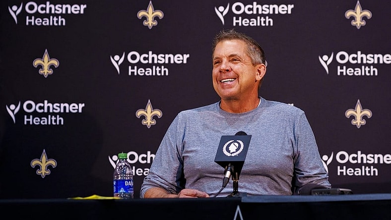 Jan 25, 2022; Metairie, LA, USA;  New Orleans Saints head coach Sean Payton speaks during a press conference at Ochsner Sports Performance Center. Mandatory Credit: Andrew Wevers-USA TODAY Sports