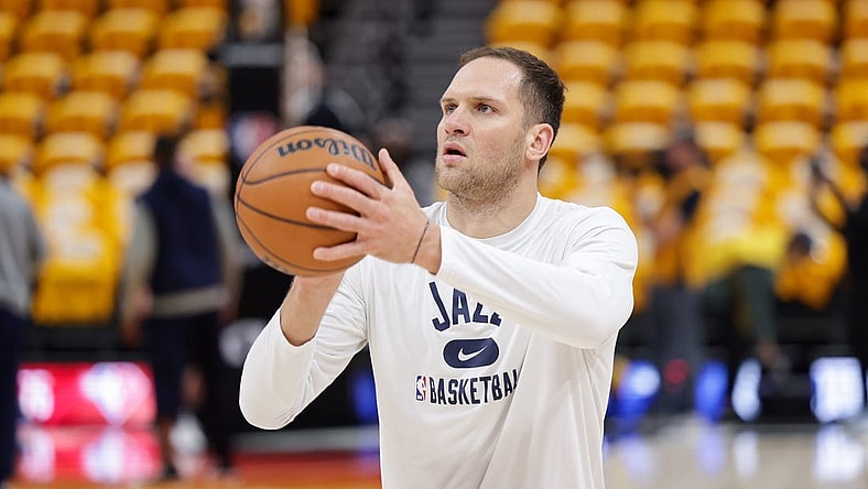 Apr 21, 2022; Salt Lake City, Utah, USA; Utah Jazz forward Bojan Bogdanovic (44) warms up before the game against the Dallas Mavericks at Vivint Arena. Mandatory Credit: Chris Nicoll-USA TODAY Sports