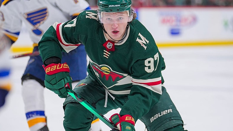 May 4, 2022; Saint Paul, Minnesota, USA; Minnesota Wild left wing Kirill Kaprizov (97) skates after the puck against the St. Louis Blues in the second period in game two of the first round of the 2022 Stanley Cup Playoffs at Xcel Energy Center. Mandatory Credit: Brad Rempel-USA TODAY Sports