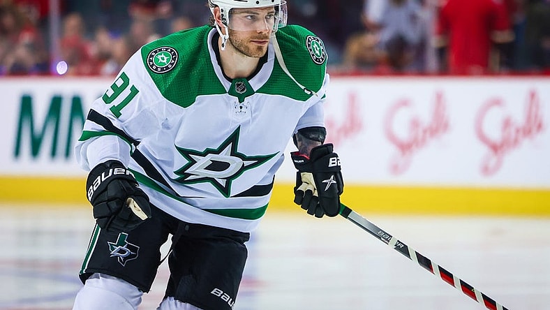 May 3, 2022; Calgary, Alberta, CAN; Dallas Stars center Tyler Seguin (91) skates during the third period against the Calgary Flames in game one of the first round of the 2022 Stanley Cup Playoffs at Scotiabank Saddledome. Mandatory Credit: Sergei Belski-USA TODAY Sports