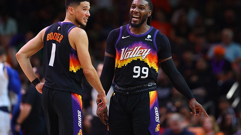 May 15, 2022; Phoenix, Arizona, USA; Phoenix Suns guard Devin Booker (1) and Jae Crowder (99) against the Dallas Mavericks in game seven of the second round for the 2022 NBA playoffs at Footprint Center. Mandatory Credit: Mark J. Rebilas-USA TODAY Sports