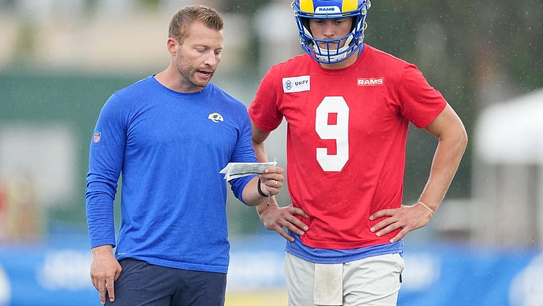 Jul 31, 2022; Irvine, CA, USA; Los Angeles Rams coach Sean McVay (left) and quarterback Matthew Stafford (9) during training camp at UC Irvine. Mandatory Credit: Kirby Lee-USA TODAY Sports