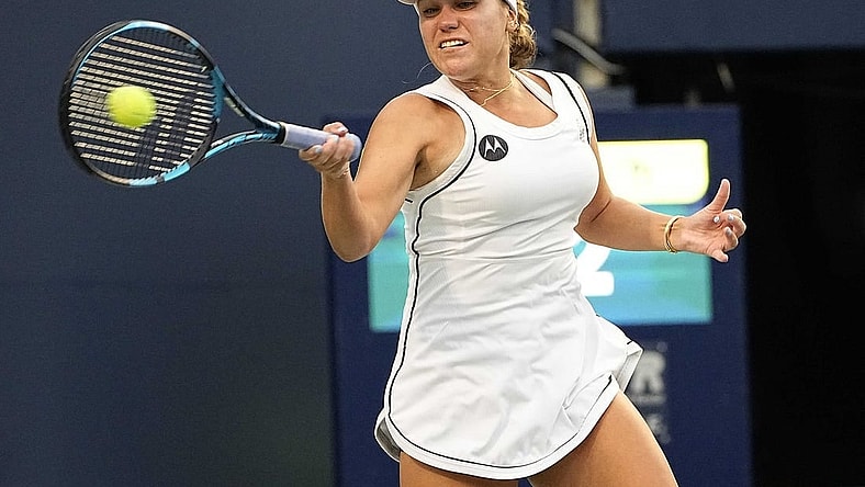 Aug 8, 2022; Toronto, ON, Canada; Sofia Kenin (USA) returns a ball to Sloane Stephens (USA) (not pictured) at Sobeys Stadium. Mandatory Credit: John E. Sokolowski-USA TODAY Sports