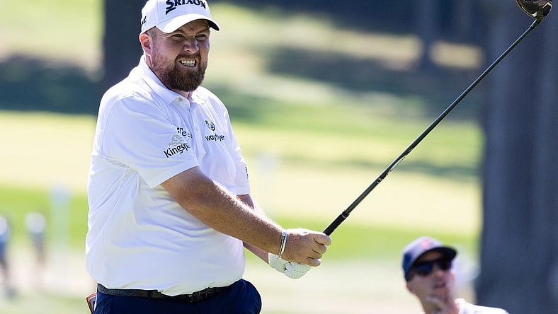 Aug 18, 2022; Wilmington, Delaware, USA; Shane Lowry reacts to his tee shot on the third hole during the first round of the BMW Championship golf tournament. Mandatory Credit: Bill Streicher-USA TODAY Sports