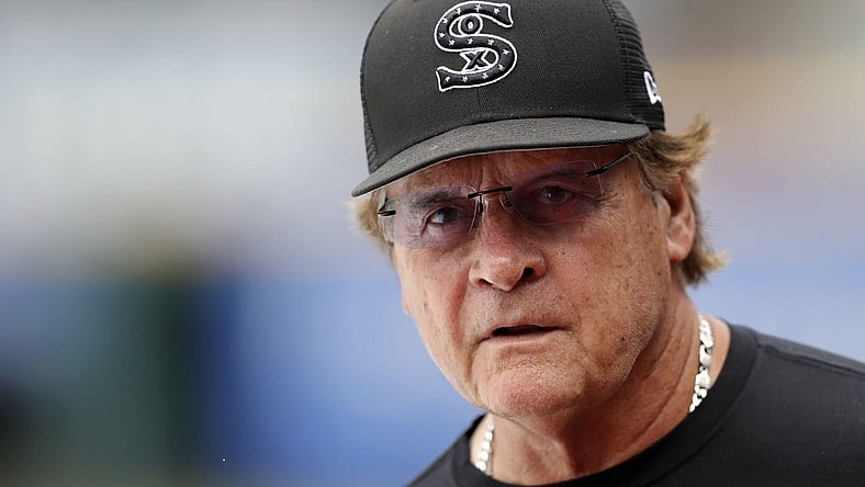 Aug 21, 2022; Cleveland, Ohio, USA; Chicago White Sox manager Tony La Russa looks over the field during a rain delay before the game against the Cleveland Guardians at Progressive Field. Mandatory Credit: Aaron Josefczyk-USA TODAY Sports