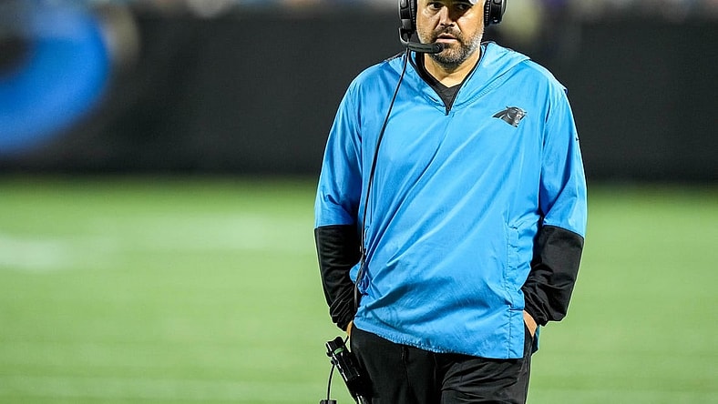 Aug 26, 2022; Charlotte, North Carolina, USA; Carolina Panthers head coach Matt Rhule looks on from the sideline during the second half against the Buffalo Bills at Bank of America Stadium. Mandatory Credit: Jim Dedmon-USA TODAY Sports