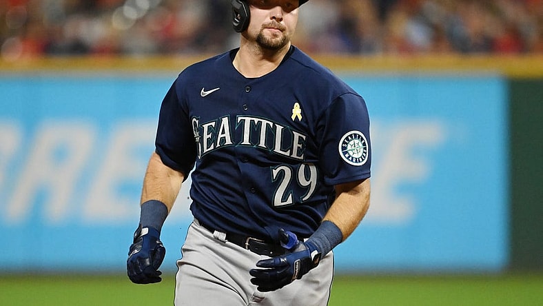Sep 2, 2022; Cleveland, Ohio, USA; Seattle Mariners catcher Cal Raleigh (29) rounds the bases after hitting a home run during the sixth inning against the Cleveland Guardians at Progressive Field. Mandatory Credit: Ken Blaze-USA TODAY Sports
