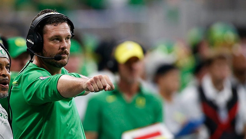 Oregon head coach Dan Lanning on the sideline during the first half of the Chick-fil-A Kickoff NCAA college football game between Oregon and Georgia in Atlanta, on Saturday, Sept. 3, 2022.

News Joshua L Jones