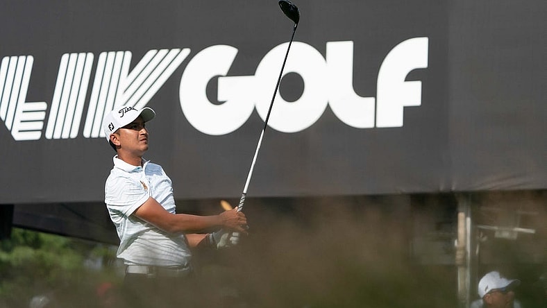 Sep 4, 2022; Boston, Massachusetts, USA; Sadom Kaewkanjana tees off on the 16th during the final round of the LIV Golf tournament at The International. Mandatory Credit: Richard Cashin-USA TODAY Sports