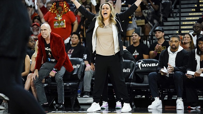 Las Vegas Aces head coach Becky Hammon yells from the sideline during the fourth quarter against the Connecticut Sun in game one of the 2022 WNBA Finals at Michelob Ultra Arena. Mandatory Credit: Lucas Peltier-USA TODAY Sports