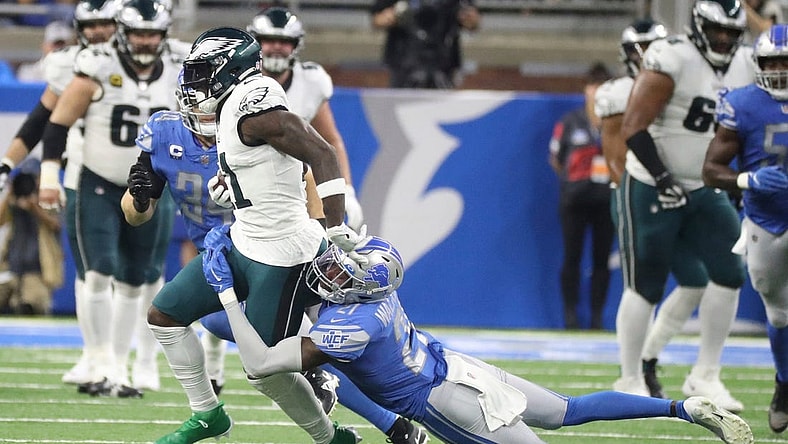 Detroit Lions safety Tracy Walker III (21) tackles Philadelphia Eagles receiver A.J. Brown during the first half at Ford Field, Sept. 11, 2022.

Nfl Philadelphia Eagles At Detroit Lions