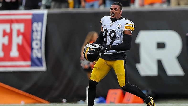 Sep 11, 2022; Cincinnati, Ohio, USA; Pittsburgh Steelers safety Minkah Fitzpatrick (39) reacts after blocking a field goal attempt by the Cincinnati Bengals in the second half at Paycor Stadium. Mandatory Credit: Katie Stratman-USA TODAY Sports