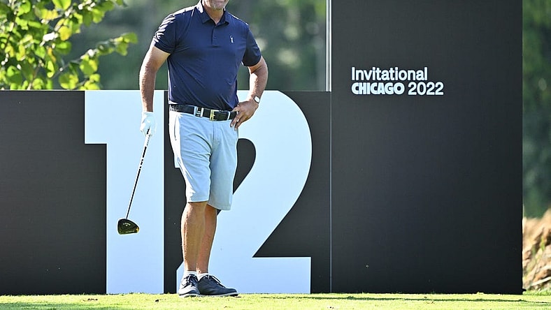 Sep 16, 2022; Chicago, Illinois, USA; Phil Mickelson waits to tee off from the 12th tee box during the first round of a LIV Golf tournament at Rich Harvest Farms. Mandatory Credit: Jamie Sabau-USA TODAY Sports