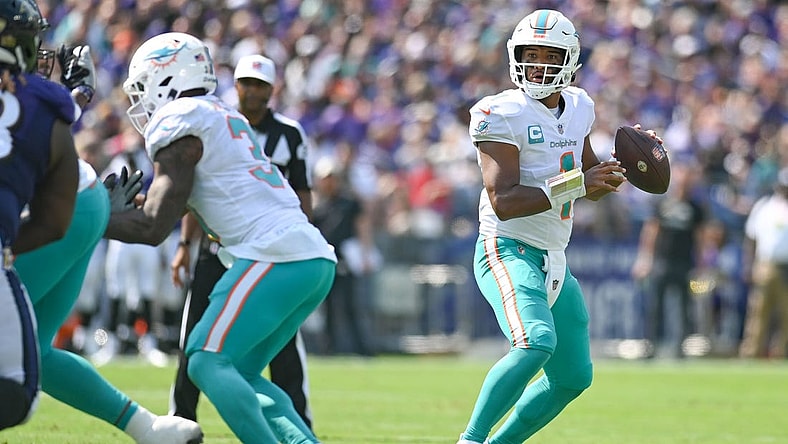 Sep 18, 2022; Baltimore, Maryland, USA;  Miami Dolphins quarterback Tua Tagovailoa (1) looks to throw during the first half against the Baltimore Ravens at M&T Bank Stadium. Mandatory Credit: Tommy Gilligan-USA TODAY Sports