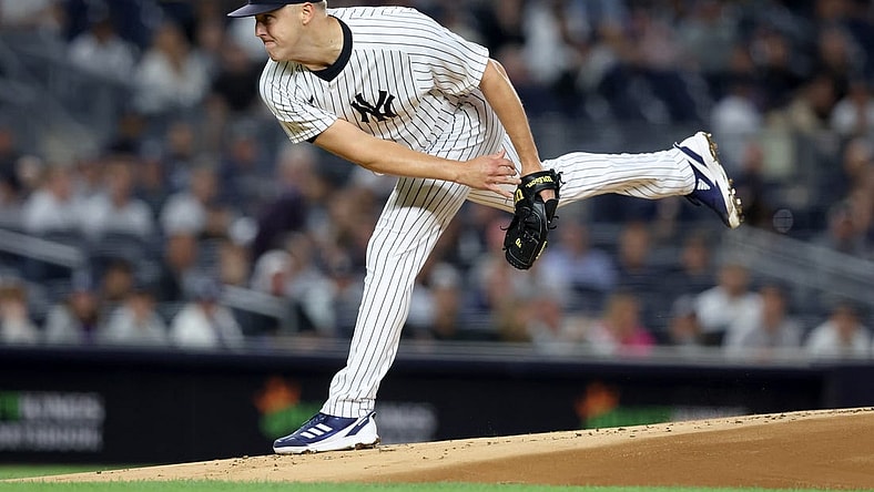 Sep 22, 2022; Bronx, New York, USA; New York Yankees starting pitcher Jameson Taillon (50) follows through on a pitch against the Boston Red Sox during the first inning at Yankee Stadium. Mandatory Credit: Brad Penner-USA TODAY Sports