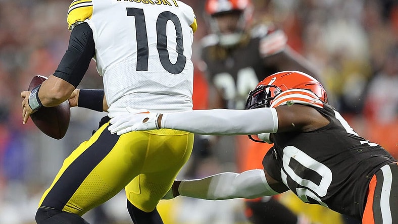 Steelers quarterback Mitch Trubisky is sacked by Browns linebacker Jacob Phillips during the second half Thursday, Sept. 22, 2022, in Cleveland.
Brownssteelers 14