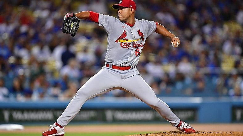Sep 23, 2022; Los Angeles, California, USA; St. Louis Cardinals starting pitcher Jose Quintana (62) throws agasinst the Los Angeles Dodgers during the first inning at Dodger Stadium. Mandatory Credit: Gary A. Vasquez-USA TODAY Sports