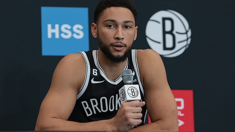 Sep 26, 2022; Brooklyn, NY, USA; Brooklyn Nets guard Ben Simmons (10) talks to the media during media day at HSS Training Center. Mandatory Credit: Vincent Carchietta-USA TODAY Sports