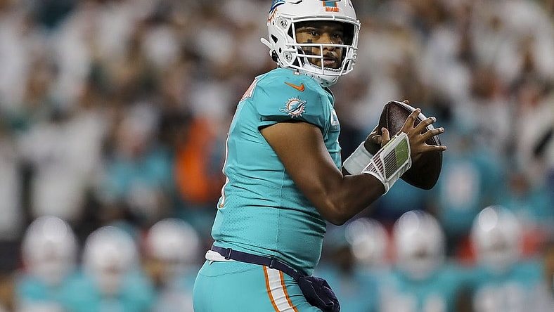 Sep 29, 2022; Cincinnati, Ohio, USA; Miami Dolphins quarterback Tua Tagovailoa (1) throws a pass against the Cincinnati Bengals in the first half at Paycor Stadium. Mandatory Credit: Katie Stratman-USA TODAY Sports