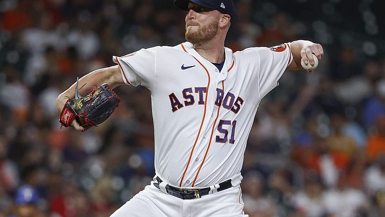 Aug 9, 2022; Houston, Texas, USA; Houston Astros relief pitcher Will Smith (51) delivers a pitch during the sixth inning against the Texas Rangers at Minute Maid Park. Mandatory Credit: Troy Taormina-USA TODAY Sports