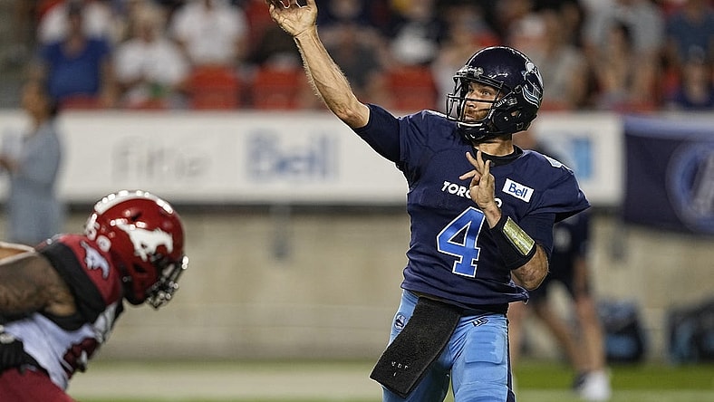 Aug 20, 2022; Toronto, Ontario, CAN; Toronto Argonauts quarterback McLeod Bethel-Thompson (4) throws a pass against the Calgary Stampeders during the second half at BMO Field. Mandatory Credit: John E. Sokolowski-USA TODAY Sports