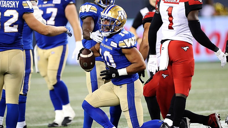 Aug 25, 2022; Winnipeg, Manitoba, CAN; Winnipeg Blue Bombers wide receiver Nic Demski (10) celebrates after a run during the second half against the Calgary Stampeders at IG Field. Winnipeg wins 31-29. Mandatory Credit: Bruce Fedyck-USA TODAY Sports