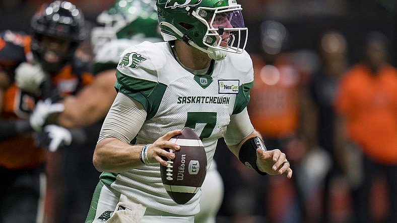 Aug 26, 2022; Vancouver, British Columbia, CAN; Saskatchewan Roughriders quarterback Cody Fajardo (7) looks to pass against the BC Lions in the second half at BC Place. Mandatory Credit: Bob Frid-USA TODAY Sports