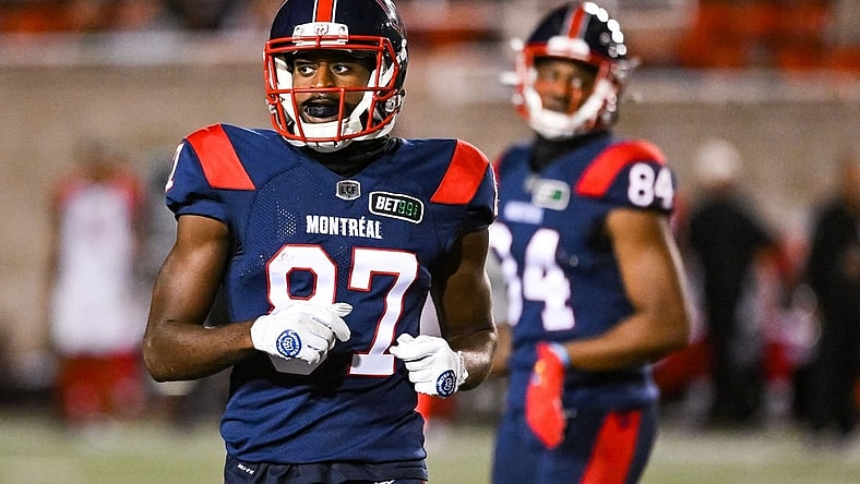 Sep 2, 2022; Montreal, Quebec, CAN; Montreal Alouettes wide receiver Eugene Lewis (87) runs on the field during the third quarter at Percival Molson Memorial Stadium. Mandatory Credit: David Kirouac-USA TODAY Sports