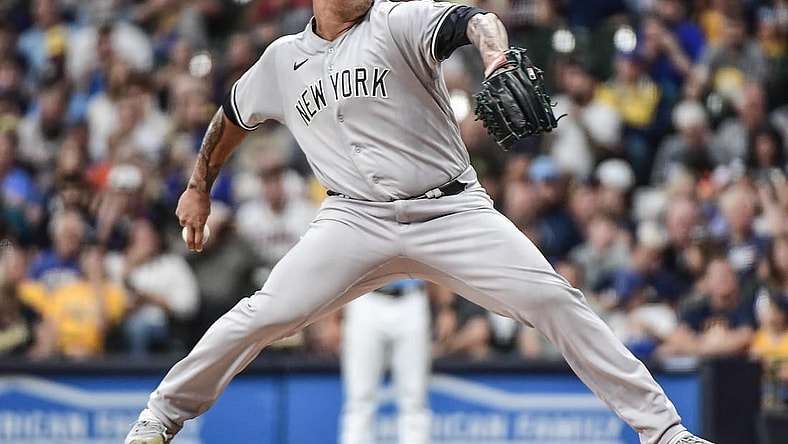 Sep 16, 2022; Milwaukee, Wisconsin, USA; New York Yankees pitcher Frankie Montas (47) throws a pitch in the first inning against the Milwaukee Brewers at American Family Field. Mandatory Credit: Benny Sieu-USA TODAY Sports