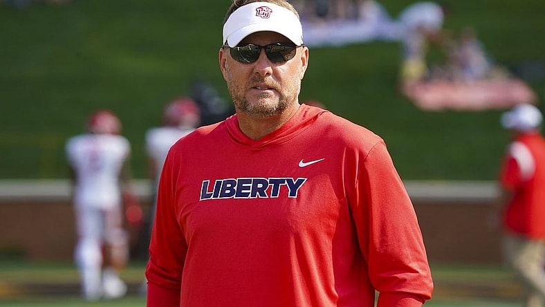 Sep 17, 2022; Winston-Salem, North Carolina, USA;  Liberty Flames head coach Hugh Freeze looks on against the Wake Forest Demon Deacons before the game at Truist Field. Mandatory Credit: James Guillory-USA TODAY Sports