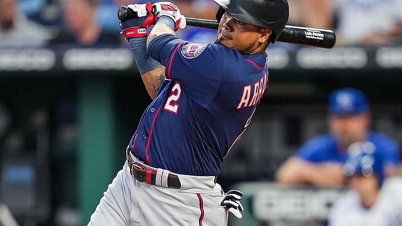 Sep 20, 2022; Kansas City, Missouri, USA; Minnesota Twins designated hitter Luis Arraez (2) bats against the Kansas City Royals during the first inning at Kauffman Stadium. Mandatory Credit: Jay Biggerstaff-USA TODAY Sports