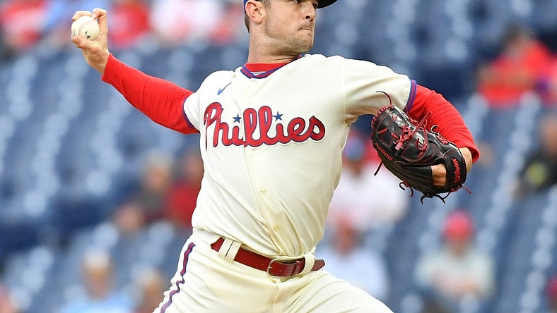 Sep 25, 2022; Philadelphia, Pennsylvania, USA; Philadelphia Phillies relief pitcher David Robertson (30) throws a pitch against the Atlanta Braves at Citizens Bank Park. Mandatory Credit: Eric Hartline-USA TODAY Sports