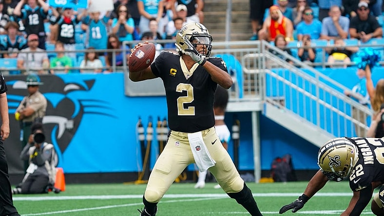 Sep 25, 2022; Charlotte, North Carolina, USA;  New Orleans Saints quarterback Jameis Winston (2) goes back to pass against the Carolina Panthers during the second half at Bank of America Stadium. Mandatory Credit: James Guillory-USA TODAY Sports