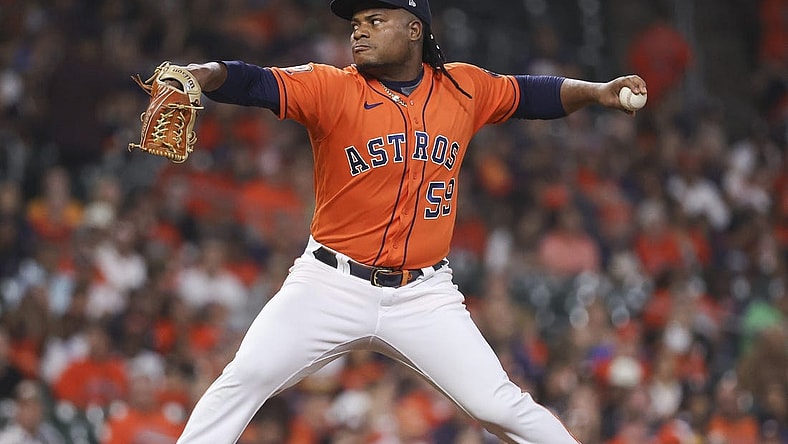 Sep 30, 2022; Houston, Texas, USA; Houston Astros starting pitcher Framber Valdez (59) delivers a pitch during the first inning against the Tampa Bay Rays at Minute Maid Park. Mandatory Credit: Troy Taormina-USA TODAY Sports