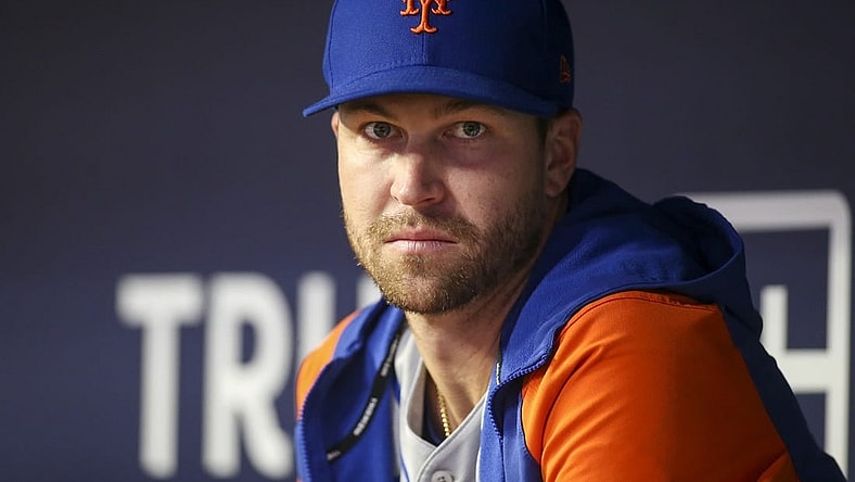 Sep 30, 2022; Atlanta, Georgia, USA; New York Mets starting pitcher Jacob deGrom (48) in the dugout against the Atlanta Braves in the second inning at Truist Park. Mandatory Credit: Brett Davis-USA TODAY Sports