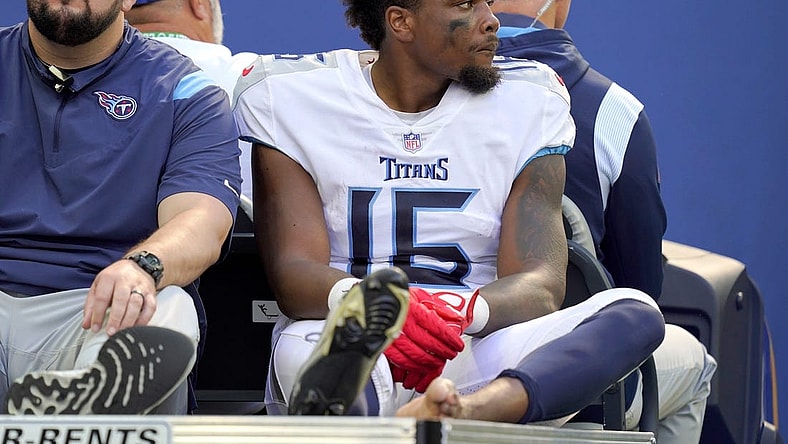 Oct 2, 2022; Indianapolis, Indiana, USA; Tennessee Titans wide receiver Treylon Burks (16) is carted off the field after an injury following a play against the Indianapolis Colts during the first half at Lucas Oil Stadium. Mandatory Credit: Armond Feffer/IndyStar-USA TODAY NETWORK

Nfl Tennessee Titans At Indianapolis Colts