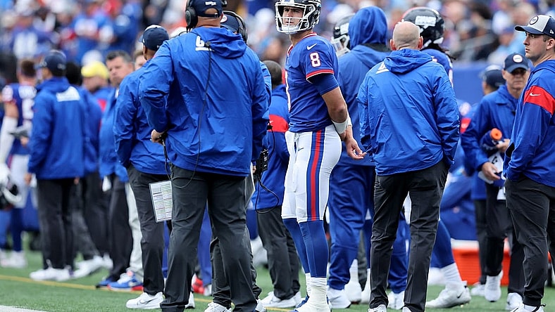 Oct 2, 2022; East Rutherford, New Jersey, USA; New York Giants quarterback Daniel Jones (8) stands on the sideline during the fourth quarter against the Chicago Bears at MetLife Stadium. Mandatory Credit: Brad Penner-USA TODAY Sports