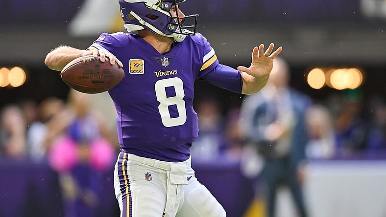 Oct 9, 2022; Minneapolis, Minnesota, USA; Minnesota Vikings quarterback Kirk Cousins (8) throws a pass against the Chicago Bears during the first quarter at U.S. Bank Stadium. Mandatory Credit: Jeffrey Becker-USA TODAY Sports
