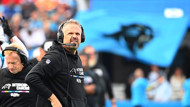 Oct 9, 2022; Charlotte, North Carolina, USA; Carolina Panthers head coach Matt Rhule on the sidelines in the third quarter at Bank of America Stadium. Mandatory Credit: Bob Donnan-USA TODAY Sports