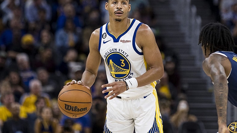 Oct 14, 2022; San Francisco, California, USA;  Golden State Warriors guard Jordan Poole (3) looks to pass against the Denver Nuggets during the second half at Chase Center. Mandatory Credit: John Hefti-USA TODAY Sports