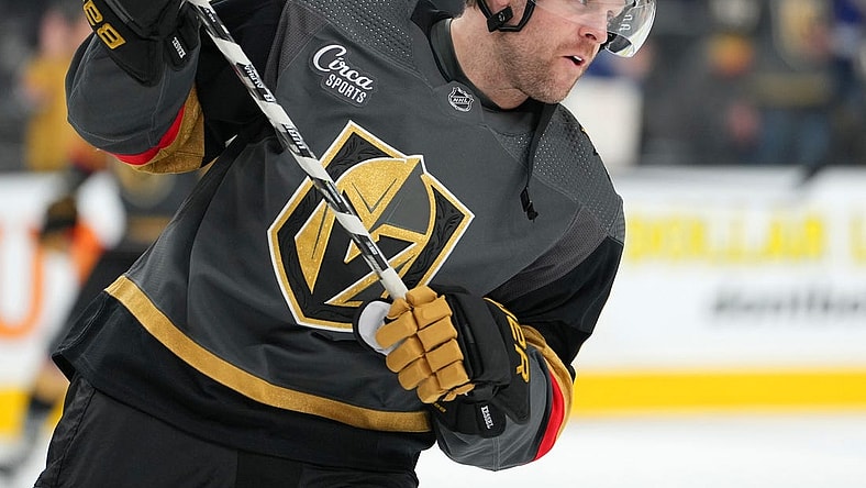 Oct 24, 2022; Las Vegas, Nevada, USA; Vegas Golden Knights center Phil Kessel (8) warms up before a game against the Toronto Maple Leafs at T-Mobile Arena. Mandatory Credit: Stephen R. Sylvanie-USA TODAY Sports