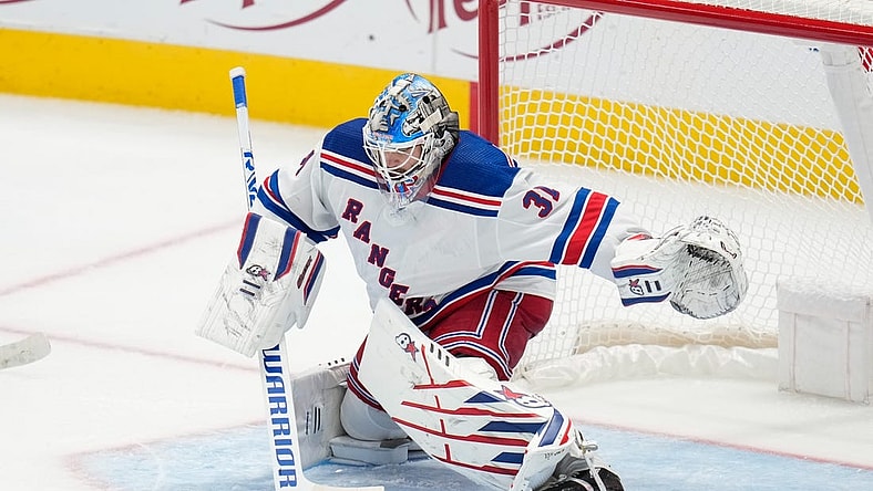 Oct 29, 2022; Dallas, Texas, USA; New York Rangers goaltender Igor Shesterkin (31) makes a save against the Dallas Stars during the third period at American Airlines Center. Mandatory Credit: Chris Jones-USA TODAY Sports