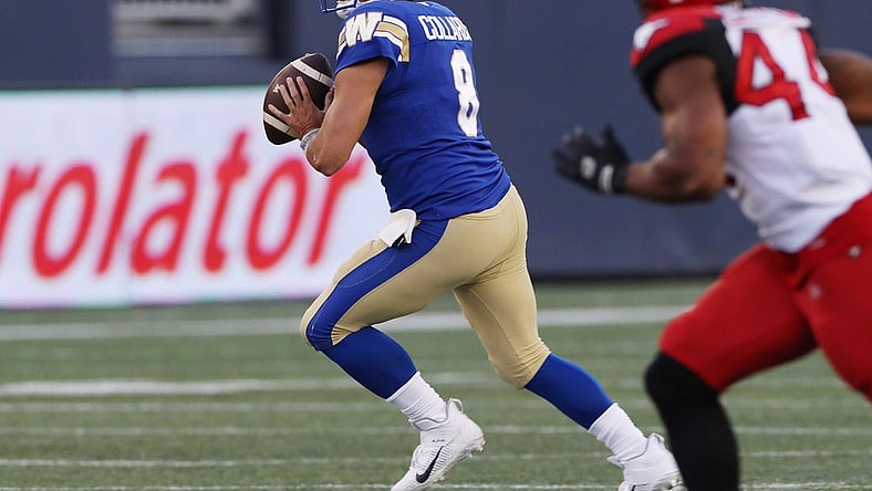 Aug 25, 2022; Winnipeg, Manitoba, CAN; Winnipeg Blue Bombers quarterback Zach Collaros (8) looks for a receiver during the first half against the Calgary Stampeders at IG Field. Mandatory Credit: Bruce Fedyck-USA TODAY Sports