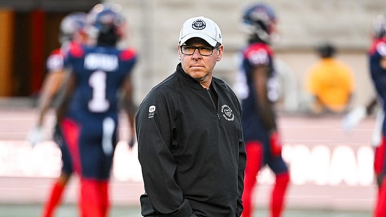 Sep 2, 2022; Montreal, Quebec, CAN; Montreal Alouettes head coach and general manager Danny Maciocia oversees warm-up drills at Percival Molson Memorial Stadium. Mandatory Credit: David Kirouac-USA TODAY Sports