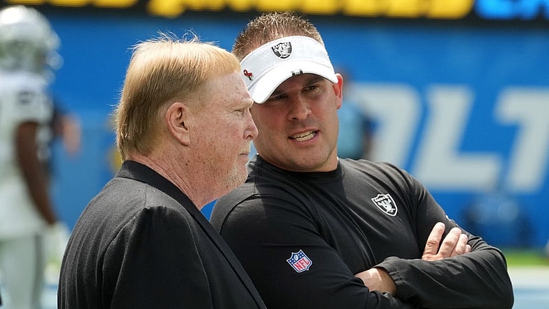 Sep 11, 2022; Inglewood, California, USA; Las Vegas Raiders owner Mark Davis (left) and coach Josh McDaniels during the game against the Los Angeles Chargers at SoFi Stadium. Mandatory Credit: Kirby Lee-USA TODAY Sports