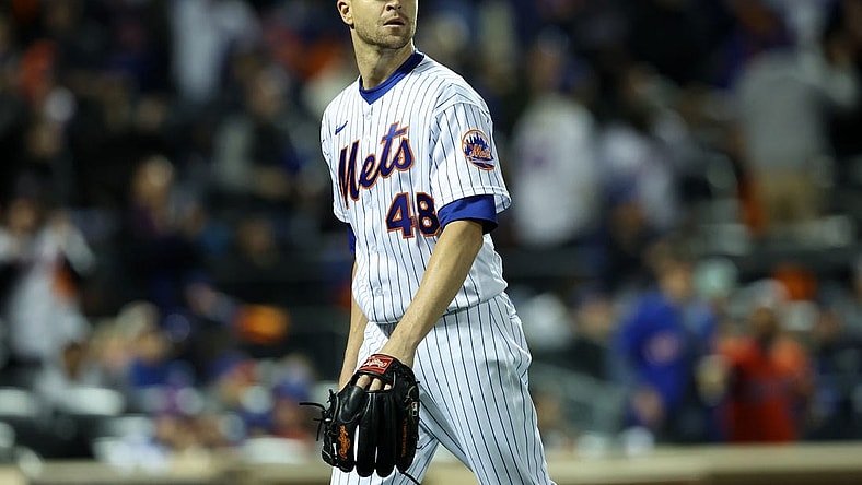 Oct 8, 2022; New York City, New York, USA; New York Mets starting pitcher Jacob deGrom (48) in the sixth inning during game two of the Wild Card series against the San Diego Padres for the 2022 MLB Playoffs at Citi Field. Mandatory Credit: Brad Penner-USA TODAY Sports