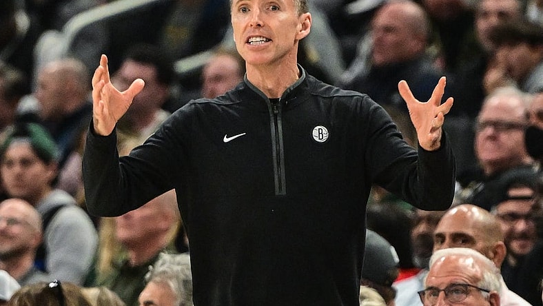 Oct 26, 2022; Milwaukee, Wisconsin, USA; Brooklyn Nets head coach Steve Nash calls a play in the second quarter during game against the Milwaukee Bucks at Fiserv Forum. Mandatory Credit: Benny Sieu-USA TODAY Sports
