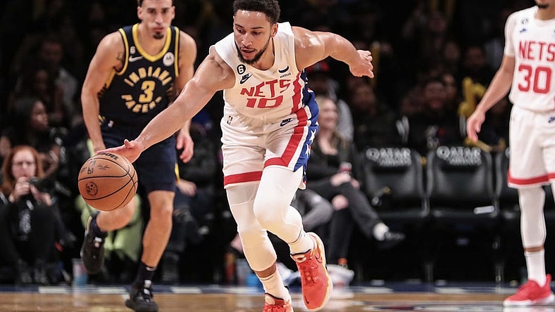 Oct 29, 2022; Brooklyn, New York, USA;  Brooklyn Nets guard Ben Simmons (10) chases a loose ball against the Indiana Pacers in the third quarter at Barclays Center. Mandatory Credit: Wendell Cruz-USA TODAY Sports