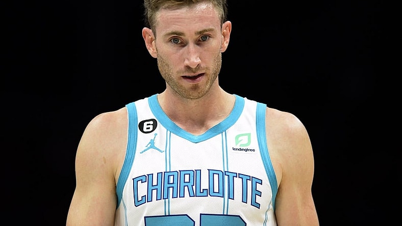 Oct 31, 2022; Charlotte, North Carolina, USA; Charlotte Hornets forward Gordon Hayward (20) looks on during a time out in the first half against the Sacramento Kings at the Spectrum Center. Mandatory Credit: Sam Sharpe-USA TODAY Sports